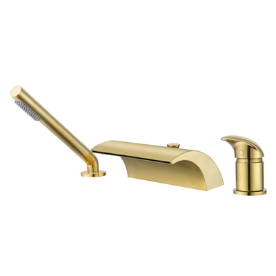 sumerain 3-Loch-Römer-Wannenhahn mit Handbrause, Wasserfall-Badewannenfüller mit hohem Durchfluss und einem Griff, gebürstetes Gold-Finish