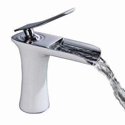 SUMERAIN Moderner Wasserfall-Badezimmerarmatur, zeitgenössischer Waschtischarmatur mit Einhebelmischer, Chrom & Weißer Oberfläche
