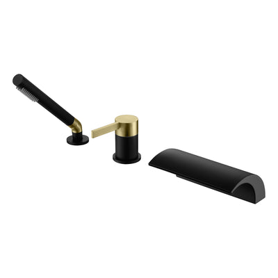 SUMERAIN Deckmontierte Wasserfall-Badewannenarmatur mit Handbrause, Römische Badewannenarmatur 3 Löcher, Schwarz und Gold Finish