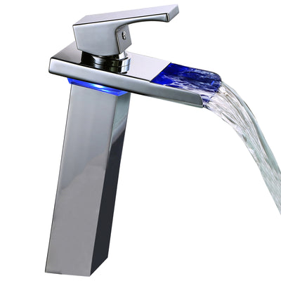 sumerain LED Wasserfall Badezimmerarmatur, verchromt, Einhandgriff, Einloch-Badezimmerwaschbeckenarmatur, 3 Farbwechsel, Waschtischarmatur