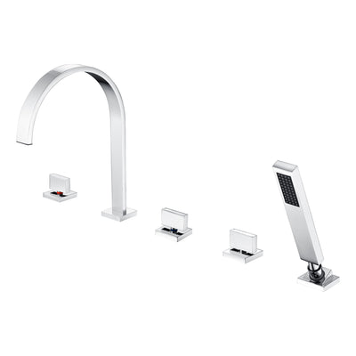 SUMERAIN 5-Loch Römische Badewannenarmatur mit Handbrause, Hoher Durchfluss Deckmontierte Wasserfall-Badewannenarmatur mit Ventil, Chromoberfläche