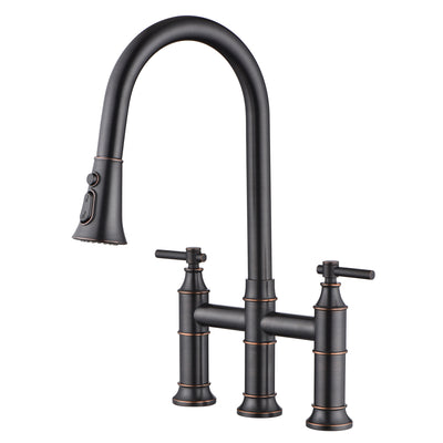 SUMERAIN Brücken-Küchenarmatur mit herunterziehbarer Brause, 3-Loch-Küchenspüle-Wasserhahn, 2 Griffe, 20,3 cm Wasserhahn für Küchenspüle, Edelstahl, ölgeriebene Bronze
