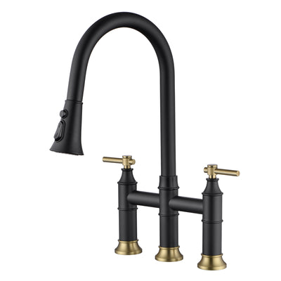 SUMERAIN Brücken-Küchenarmatur mit herunterziehbarer Brause, 2 Griffe, 3 Löcher, Küchenspüle-Wasserhahn, 20,3 cm, Mittelset, Schwarz und Gold