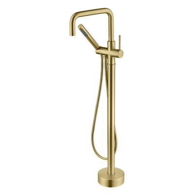 sumerain Freistehende Badewannenarmatur mit Handbrause, Gebürstetes Gold Bodenmontierte Badewannenarmatur Messing Einhebel Hoher Durchfluss
