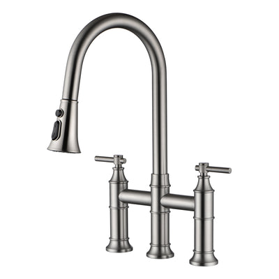 SUMERAIN 2-Griff-Brücken-Küchenarmatur mit herunterziehbarer Brause, 3-Loch-Küchenspüle-Wasserhahn aus Edelstahl, gebürstetes Nickel