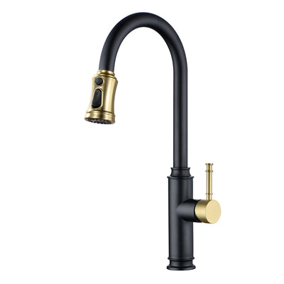 SUMERAIN Einloch-Küchenarmatur mit ausziehbarem Sprüher, Edelstahl-Küchenarmatur, Einhebel-Armatur mit schwenkbarem Auslauf, Schwarz und Gold