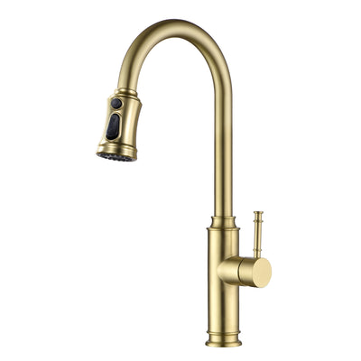 SUMERAIN Küchenarmatur mit ausziehbarem Sprüher, hoher Bogen, Einhebel-Edelstahl-Auszieh-Spülenarmatur, 1 Loch, gebürstetes Gold