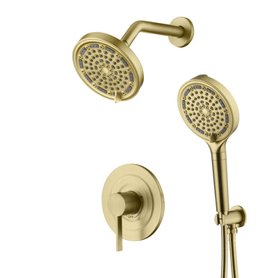 SUMERAIN Duschsystem in gebürstetem Gold mit gefilterter Handbrause, Wandmontierte Duscharmatur Komplettset mit Duschventil