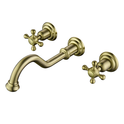 SUMERAIN Gebürstete Gold-Wandarmatur für Badezimmerwaschtisch, 3-Loch Vintage-Stil Waschtischarmatur mit Kreuzgriffen, eingebautes Einbauventil inklusive