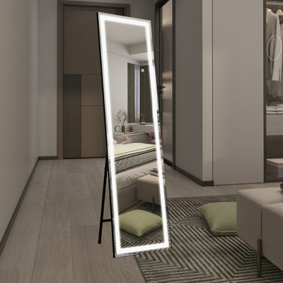 SUMERAIN Ganzkörperspiegel mit LED-Beleuchtung, beleuchteter Standspiegel mit Dimmung & 3 Farblichtern, Ständer für Schlafzimmer, Ankleidezimmer, schwarzer Rahmen, bruchsicheres gehärtetes Glas, 60"x16"