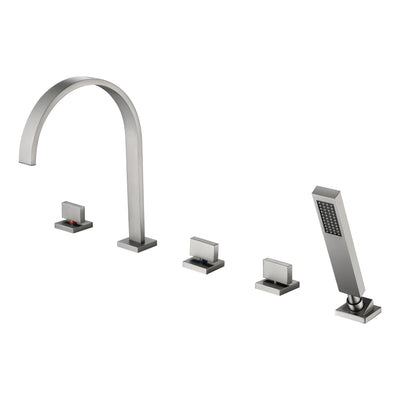 SUMERAIN Gebürstetes Nickel 5-Loch Römische Badewannenarmatur, Moderne Drei-Griff Wasserfall-Badewannenarmatur mit Handbrause, Hoher Durchfluss