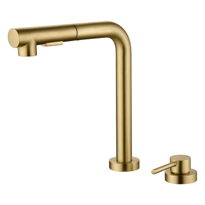 SUMERAIN Küchenspüle-Wasserhahn mit herausziehbarer Brause und Seitengriff, 2-Loch-Spültischarmatur, gebürstetes Gold