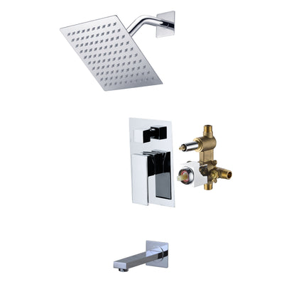 SUMERAIN Moderne wandmontierte Wannen- und Duscharmatur mit 8-Zoll quadratischem Regenduschkopf, Einhebel-Wannen- und Duscharmatur mit Druckausgleichssystem, Chrom