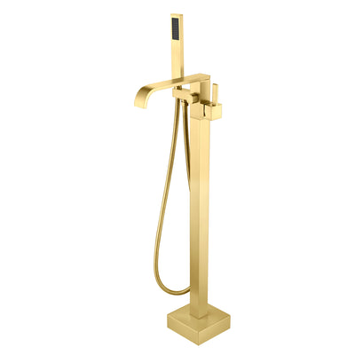 SUMERAIN freistehender Badewannenwasserhahn in gebürstetem Gold mit Handbrause, moderner Messing-Wasserfall-Wannenfüller, bodenstehend, hoher Durchfluss