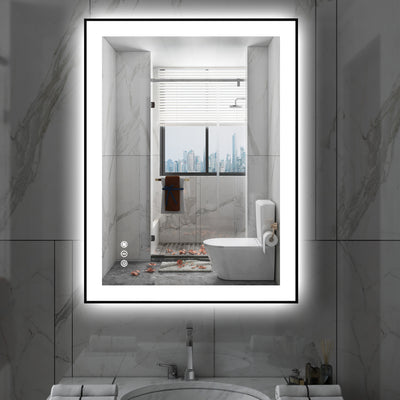 Sumerain 28"x36" intelligenter beschlagfreier LED-Badezimmerspiegel mit Beleuchtung, schwarz gerahmter Badezimmerspiegel mit Frontlicht & Hintergrundbeleuchtung, 3 Farbtemperaturen, stufenlos dimmbar