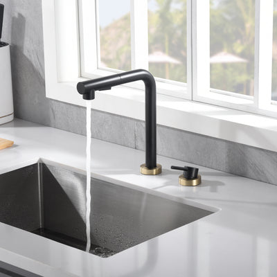 SUMERAIN Küchenspüle-Wasserhahn, 2 Löcher, mit herausziehbarer Brause und Seitengriff, Schwarz und Gold