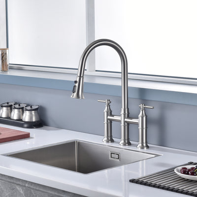 SUMERAIN 2-Griff-Brücken-Küchenarmatur mit herunterziehbarer Brause, 3-Loch-Küchenspüle-Wasserhahn aus Edelstahl, gebürstetes Nickel