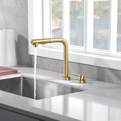 SUMERAIN Küchenspüle-Wasserhahn mit herausziehbarer Brause und Seitengriff, 2-Loch-Spültischarmatur, gebürstetes Gold