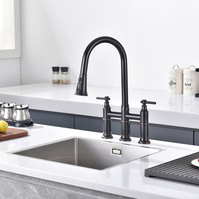 SUMERAIN Brücken-Küchenarmatur mit herunterziehbarer Brause, 3-Loch-Küchenspüle-Wasserhahn, 2 Griffe, 20,3 cm Wasserhahn für Küchenspüle, Edelstahl, ölgeriebene Bronze