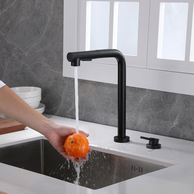 SUMERAIN 2-Loch-Küchenspüle-Wasserhahn mit herausziehbarer Brause, schwarzer Küchenarmatur mit seitlichem Einzelgriff, Frontfenster