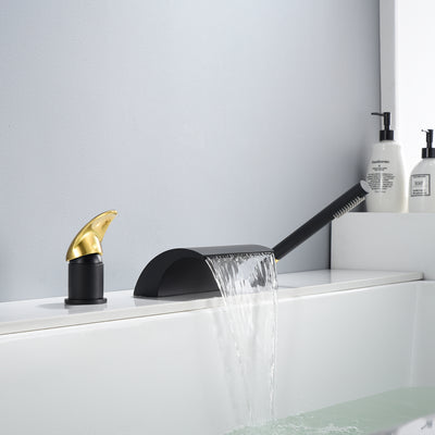SUMERAIN Wasserfall-Römer-Wannenhahn, Deckmontage, Badewannenarmatur, Messing-Wannenfüller mit Handbrause, Schwarz- und Gold-Finish