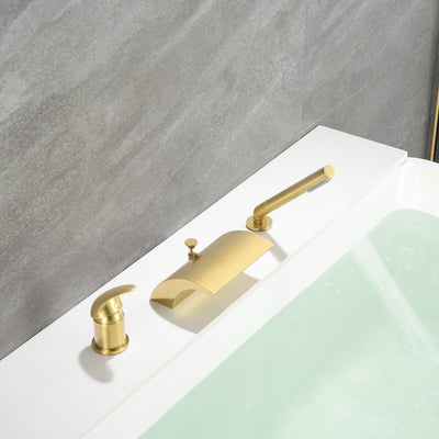 sumerain 3-Loch-Römer-Wannenhahn mit Handbrause, Wasserfall-Badewannenfüller mit hohem Durchfluss und einem Griff, gebürstetes Gold-Finish