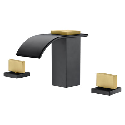 SUMERAIN 20,3 cm breiter Badezimmer-Wasserhahn, 3-Loch-Wasserfall-Waschtischarmatur, schwarzes und goldenes Finish