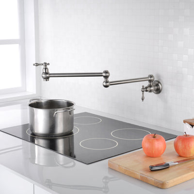 Topffüller-Wasserhahn-Wandhalterung aus gebürstetem Nickel mit zwei Schwenkgelenken und 24-Zoll-Verlängerung