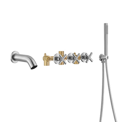 Badewannenarmatur mit 3 Griffen zur Wandmontage und Sprühgerät, Wasserfall-Badewannenarmatur aus gebürstetem Nickel
