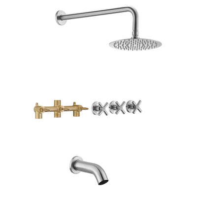 Wannen- und Duscharmaturen-Set aus gebürstetem Nickel mit drei Griffen, Ventil und Wasserfall-Wannenauslauf