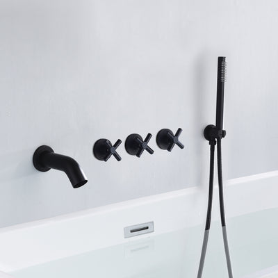 Badewannenarmatur zur Wandmontage mit Handbrause, Wannen-Duscharmatur mit 3 Griffen, mattschwarz