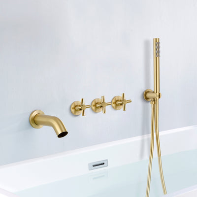 Gebürsteter Gold-Wasserfall-Wannenhahn zur Wandmontage mit Handbrause und rauem Ventil