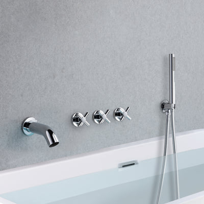 Wandmontierter Wanneneinlauf-Wasserfall-Wannenhahn mit Handbrause, Chrom-Finish