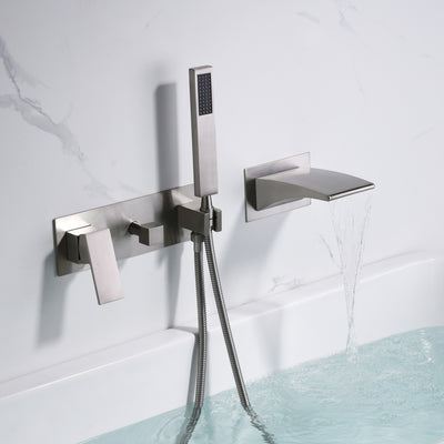 sumerain Wandmontage-Badewannen-Wasserhahn, gebürstetes Nickel, Wasserfall-Badewannen-Wasserhahn mit Handbrause, Linkshänder-Wasserhahn
