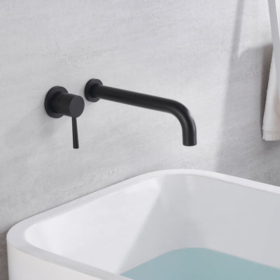 sumerain Mattschwarzer Badewannen-Wasserhahn zur Wandmontage, Wannenfüller, langer Auslauf, Wand-Badewannen-Wasserhahn, einzelner Griff für Linkshänder