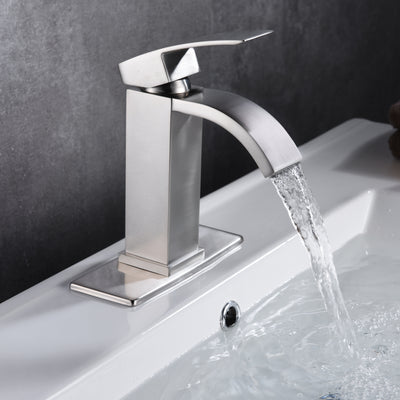 Badezimmer-Wasserhahn-Wasserfall, Waschbecken-Wasserhahn aus gebürstetem Nickel mit 4-Zoll-Rosette
