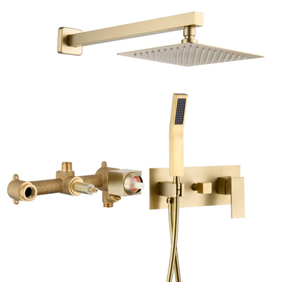 Regenduschsystem aus gebürstetem Gold mit Handbrause und druckausgleichendem Duschmischventil