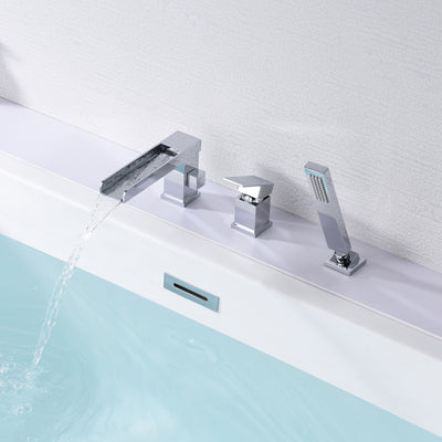Römischer Wasserfall-Badewannen-Wasserhahn mit Handbrause, 3-Loch-Badewannen-Wasserhahn mit Duschumsteller, Chrom-Finish