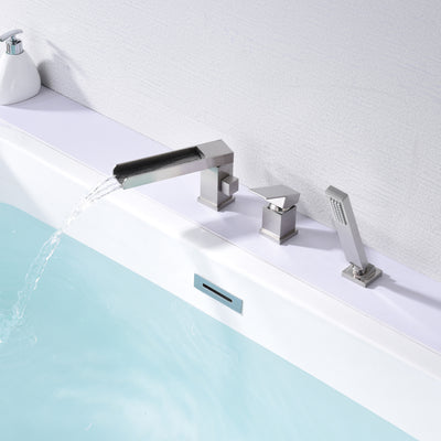 Römischer Wannenhahn mit 3 Löchern und Sprüher, Wasserfall-Wannenfüller aus gebürstetem Nickel