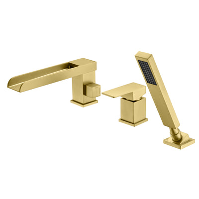 Römischer 3-Loch-Wasserfall-Wasserhahn aus gebürstetem Gold mit Handbrause und Ventil