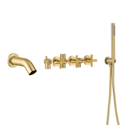 Gebürsteter Gold-Wasserfall-Wannenhahn zur Wandmontage mit Handbrause und rauem Ventil
