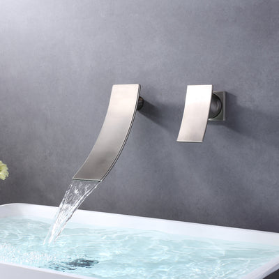Wandmontierter Wasserhahn aus gebürstetem Nickel, Einhand-Waschtischarmatur mit Wasserfallauslauf