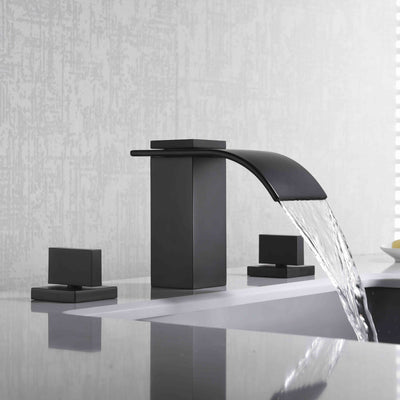 3 Löcher, 2 Griffe, mattschwarz, weit verbreiteter Wasserfall-Badezimmer-Wasserhahn, 8-Zoll-Badezimmer-Waschbecken-Wasserhahn