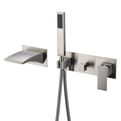 Wanneneinlauf zur Wandmontage, gebürstetes Nickel, mit Wasserfall-Wannenauslauf und Handbrause