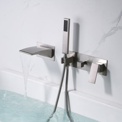 Wanneneinlauf zur Wandmontage, gebürstetes Nickel, mit Wasserfall-Wannenauslauf und Handbrause