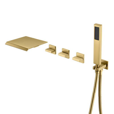 Wandmontierter Wannenhahn mit Sprüher und rauem Ventil, gebürstetes Gold-Finish