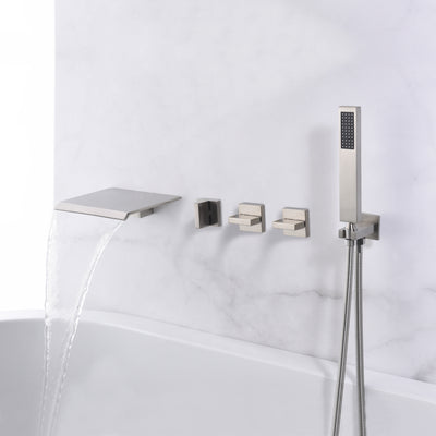 Wandmontierter Wannenhahn aus gebürstetem Nickel, Wasserfallauslauf