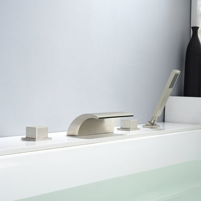 Hochdurchfluss-Badewannenarmatur aus gebürstetem Nickel mit Brause, Wasserfall-Wannenauslauf mit Umsteller