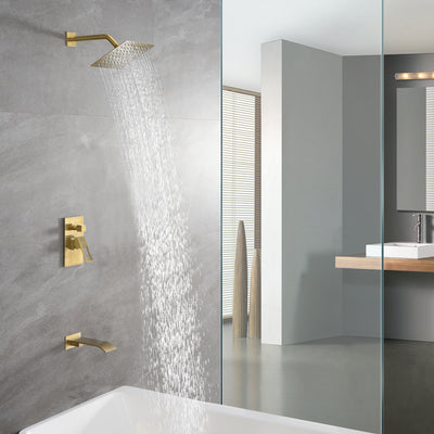 Badewannen-Duscharmatur aus gebürstetem Gold mit Wasserfall-Wannenauslauf und Druckausgleichsventil