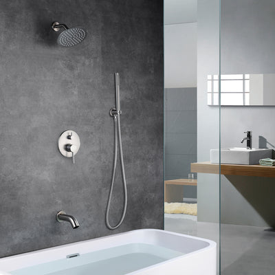 Duschsystem aus gebürstetem Nickel mit Wasserfall-Wannenauslauf, 8-Zoll-Regendusche und Handbrause im Lieferumfang enthalten